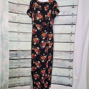 Maurices S Black Floral Maxi Dress Short Sleeve Stretch Slit Side